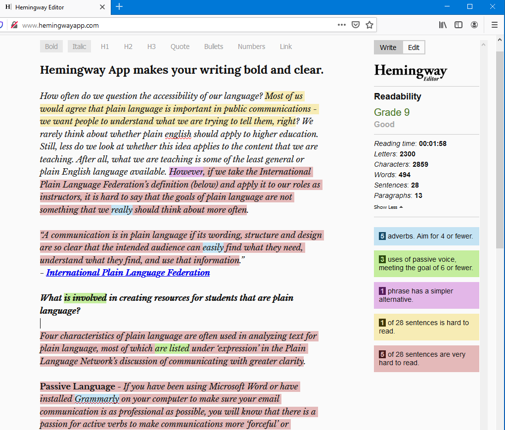 Hemingway app showing adverbs, passive voice, phrasing, and readability issues