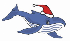 Cartoon Humpback Whale wearing a Santa Cap